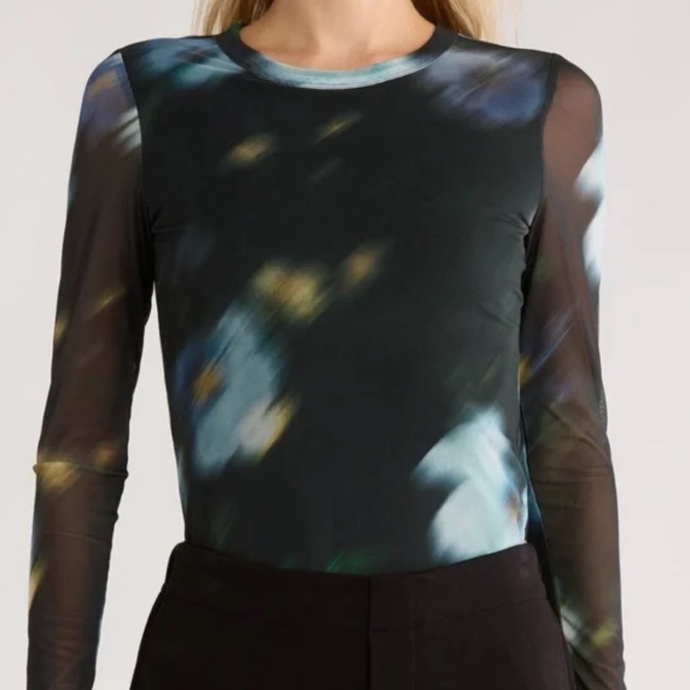 NWT Rag & Bone Aliyah Mesh Black and Blue Long Sleeve Top, Size XS